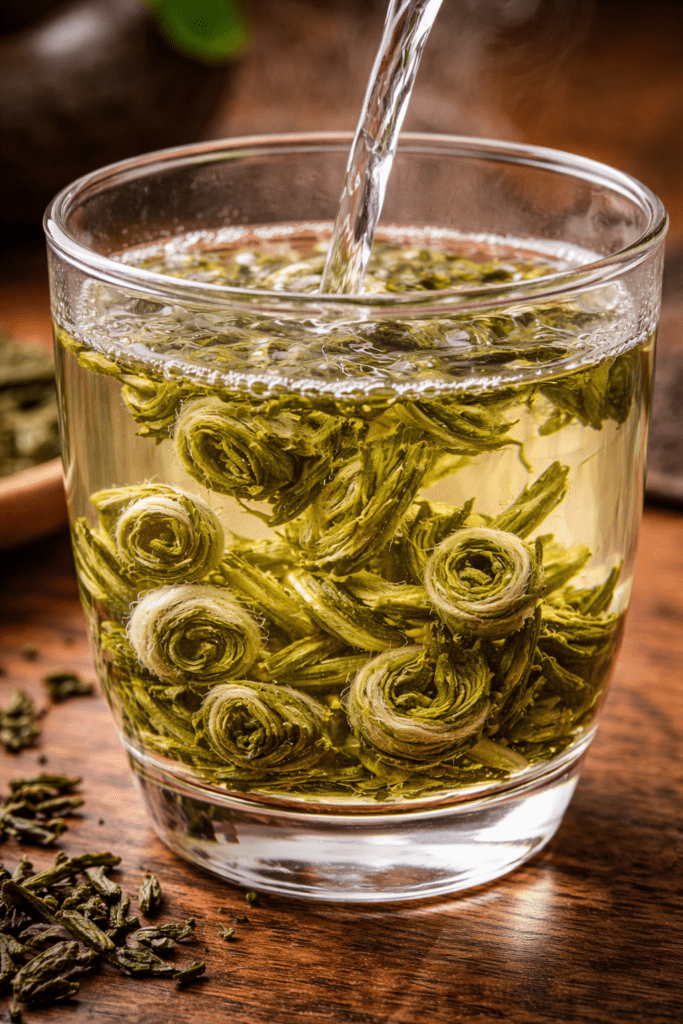 brewing biluochun green tea in a glass cup with unfolding leaves