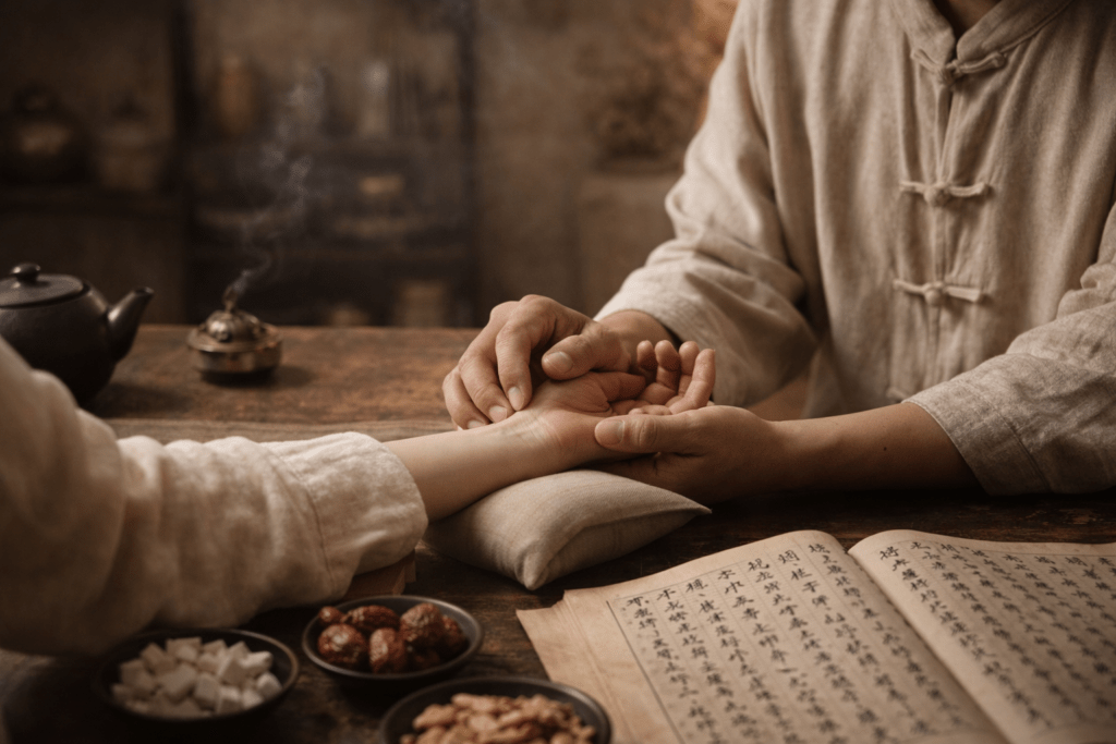 traditional chinese medicine consultation scene with practitioner holding wrist, symbolizing holistic body understanding and connection