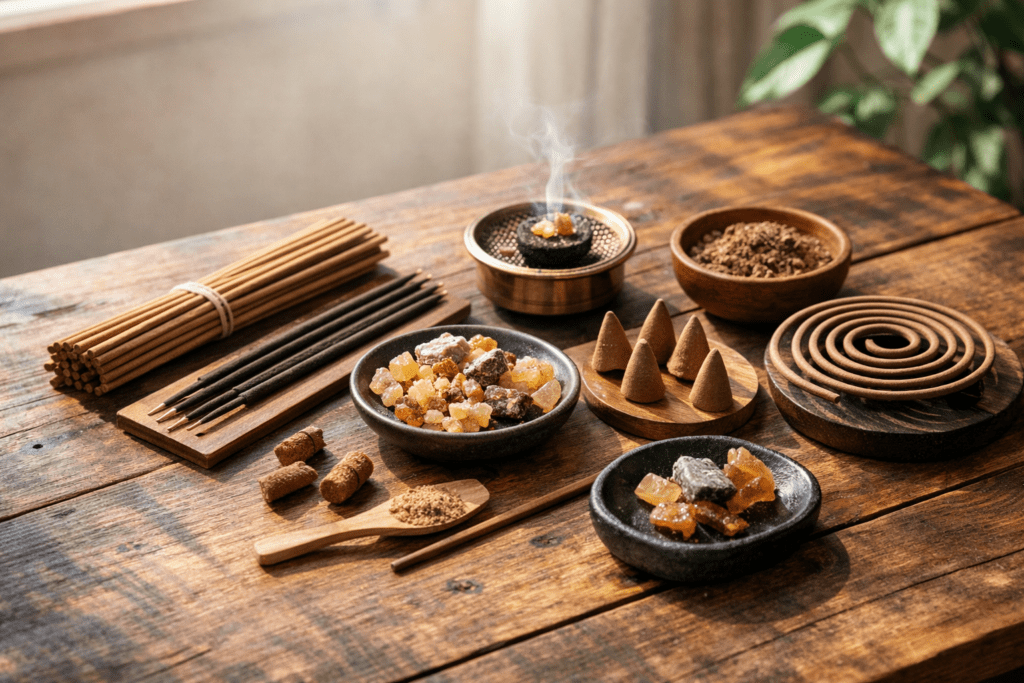 different types of incense including sticks cones coils and resin displayed on a wooden table in natural light