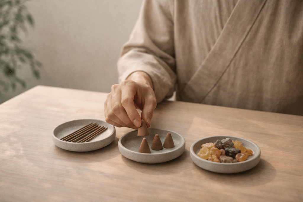 person selecting incense from sticks cones and resin in a calm minimalist space representing mindful daily use
