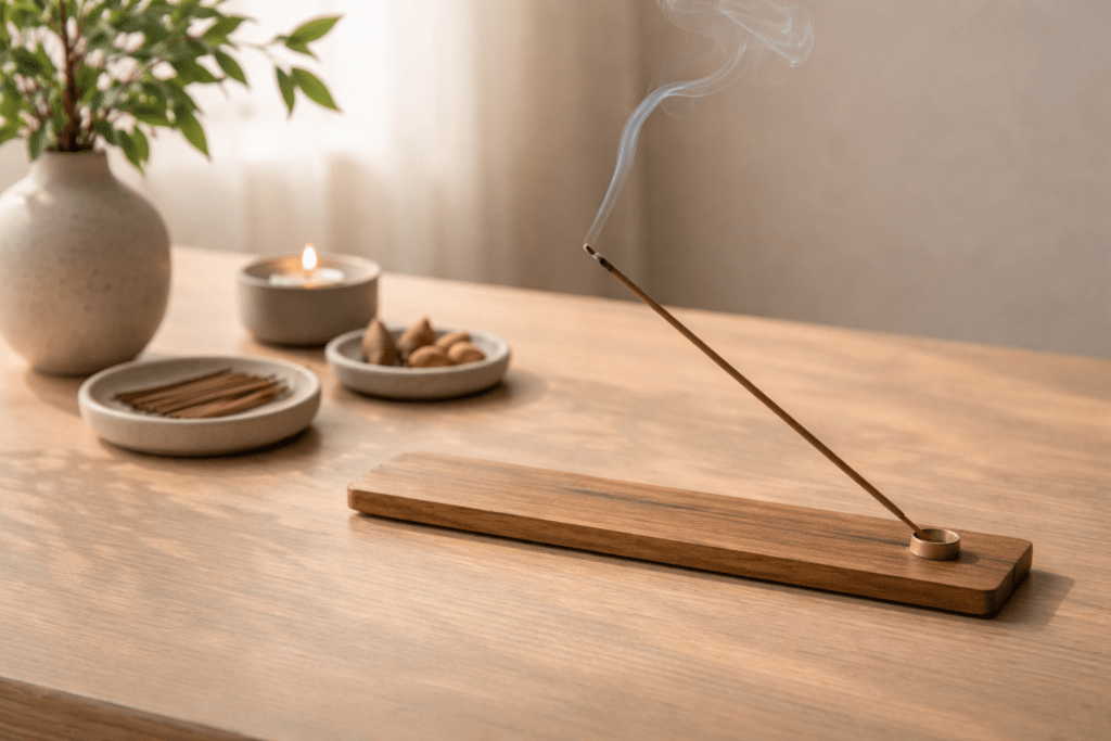 minimal incense setup with stick incense holder on a wooden table in soft natural light