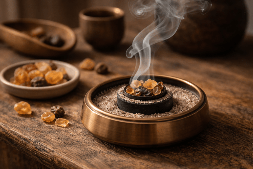 resin incense burning on charcoal with gentle smoke in a calm traditional setting