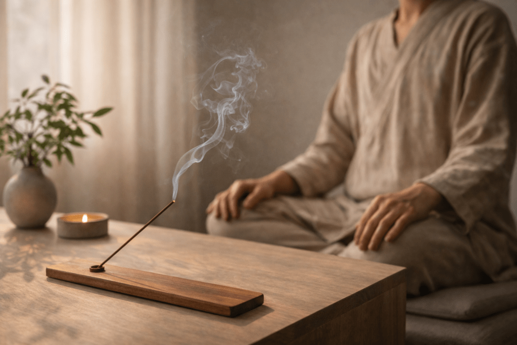 person sitting quietly with incense smoke in a peaceful room representing mindfulness and daily ritual