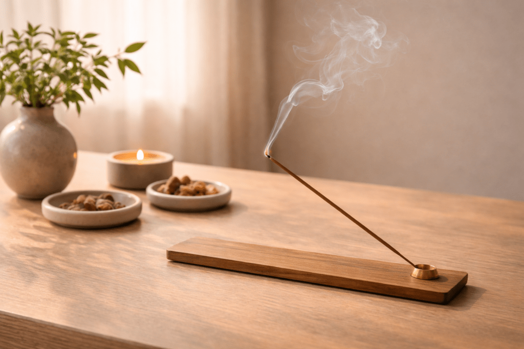 soft incense smoke in a calm minimalist room creating a relaxing and peaceful atmosphere for stress relief