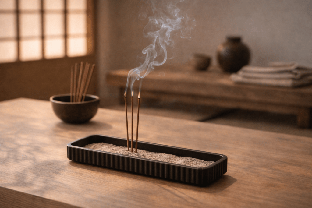 premium japanese incense burning with soft smoke in a minimalist setting ideal for relaxation and calmness