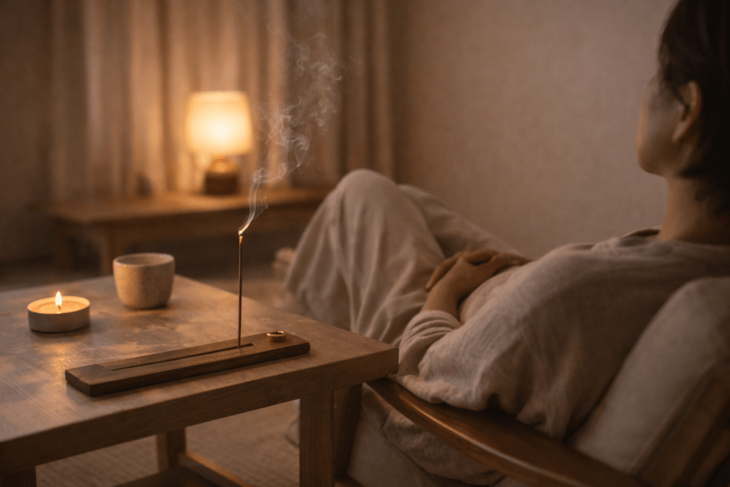 person relaxing with incense in a cozy room creating a calm atmosphere for stress relief and mental relaxation
