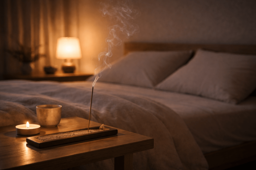 soft incense smoke in a dim bedroom creating a calm and peaceful atmosphere for better sleep at night