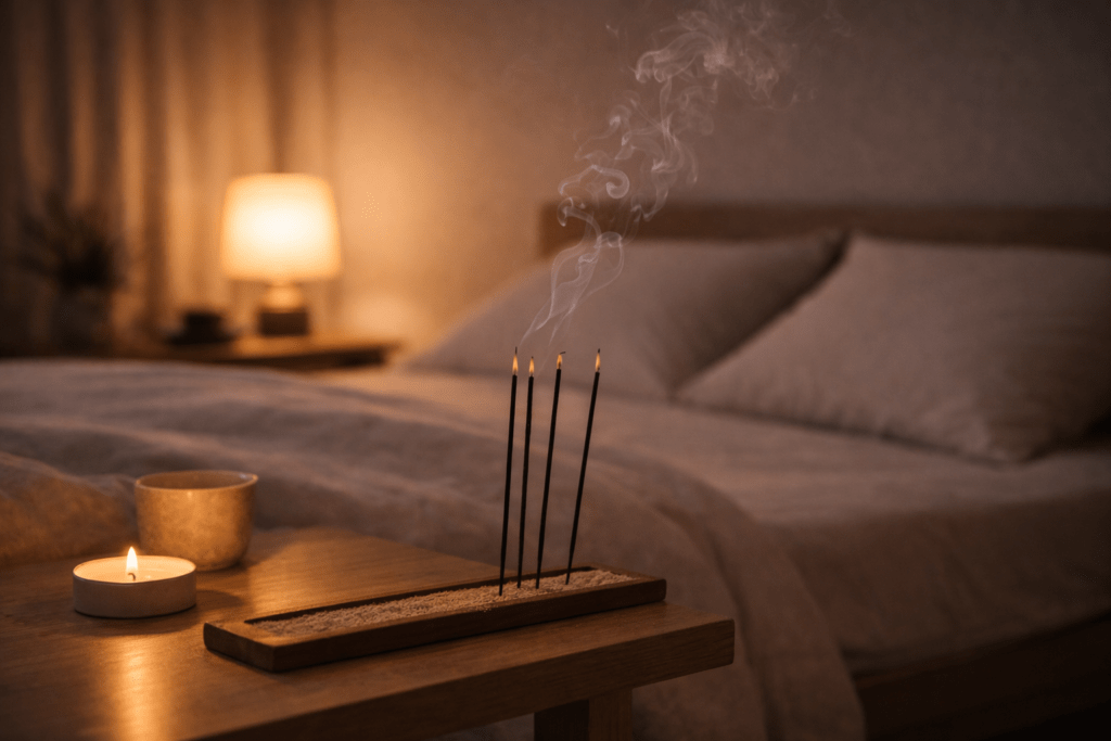 incense sticks burning in a minimalist bedroom setting with soft light ideal for sleep preparation and relaxation