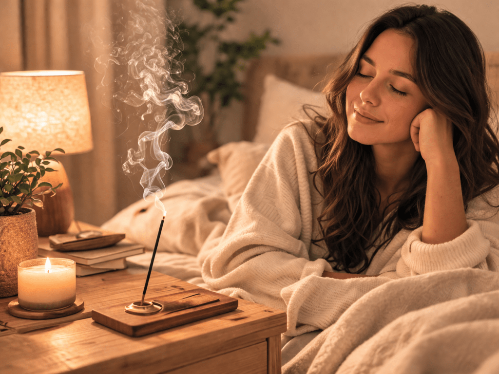 person sleeping peacefully with incense in a cozy bedroom creating a calm night routine and deep relaxation
