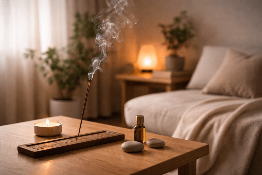 soft incense smoke in a calm room creating a peaceful atmosphere for anxiety relief and emotional relaxation