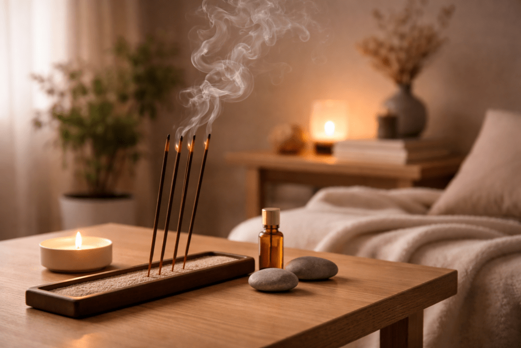 incense sticks burning in a minimalist setting with warm light supporting stress relief and calming the mind