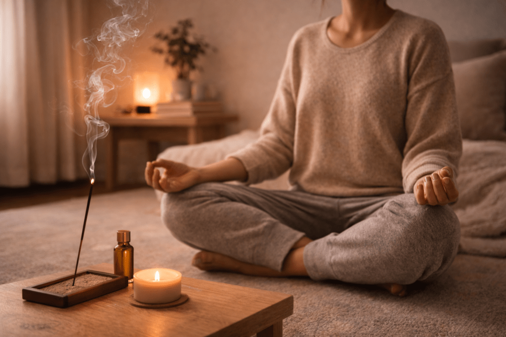 person practicing slow breathing with incense in a peaceful room helping reduce anxiety and promote relaxation