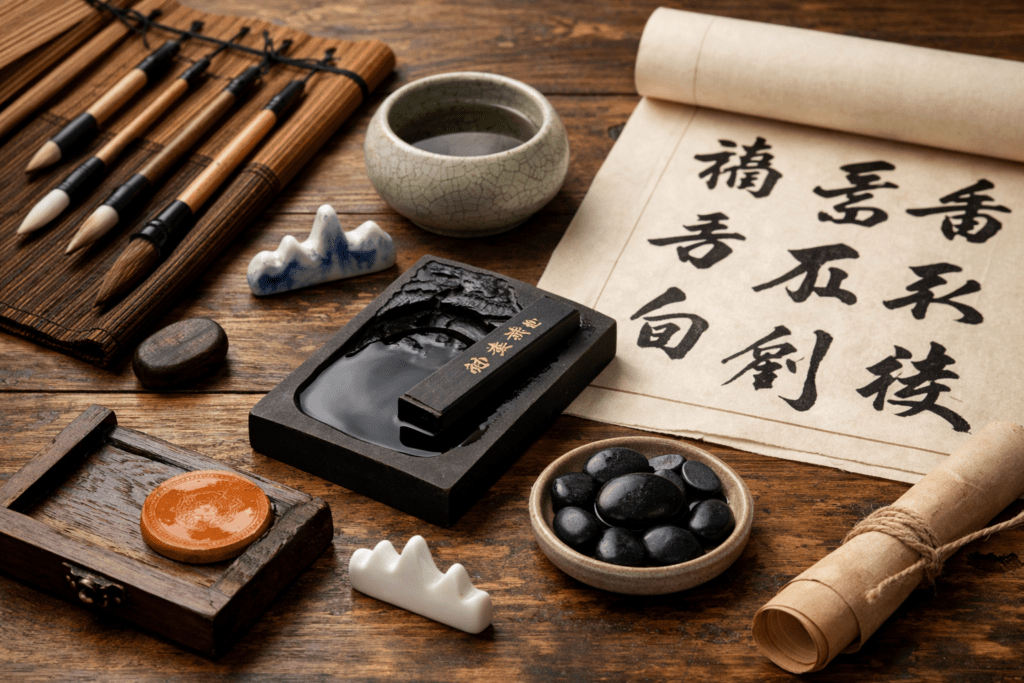 traditional chinese calligraphy tools including brush ink stone and paper on wooden table
