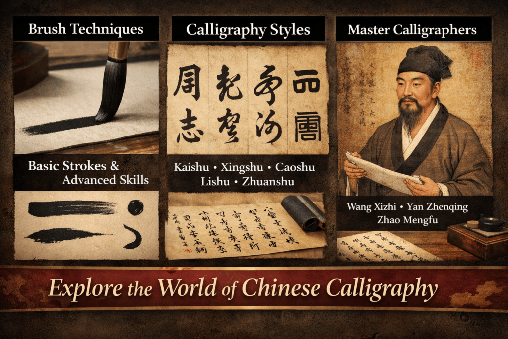 visual overview of chinese calligraphy styles techniques and master calligraphers educational layout
