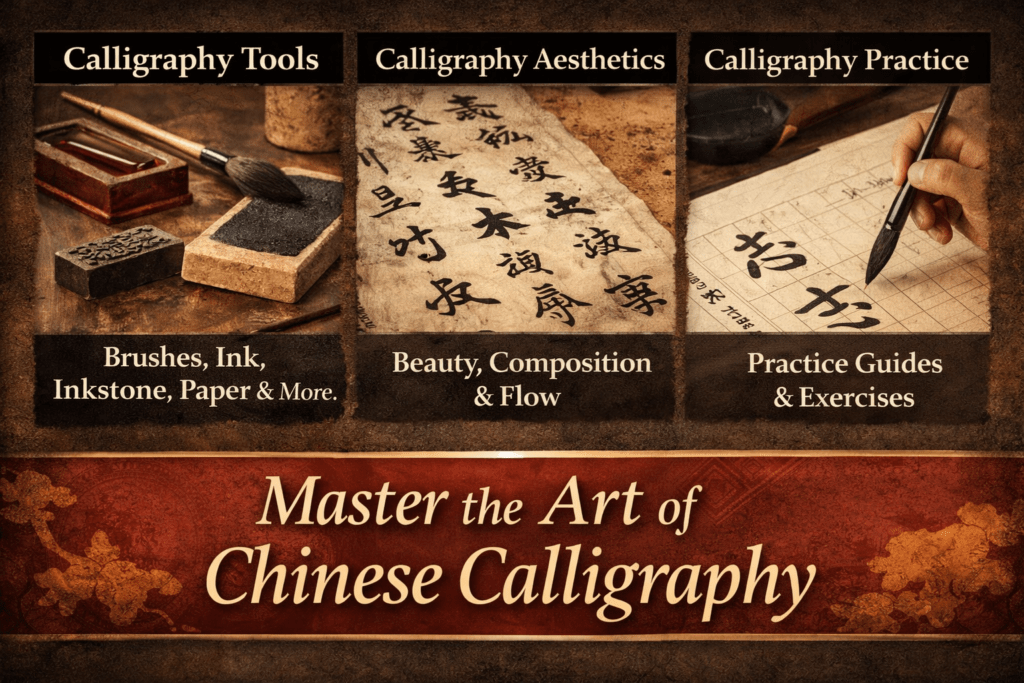 chinese calligraphy tools aesthetics and practice concepts shown in a structured visual guide
