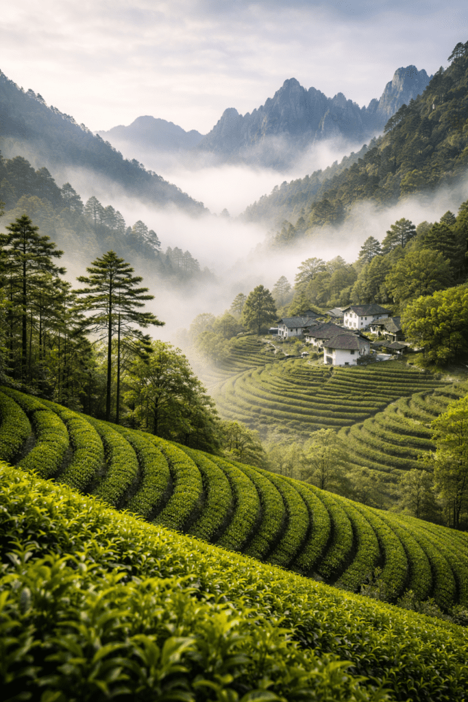 huangshan mountain tea plantation covered in mist anhui china
