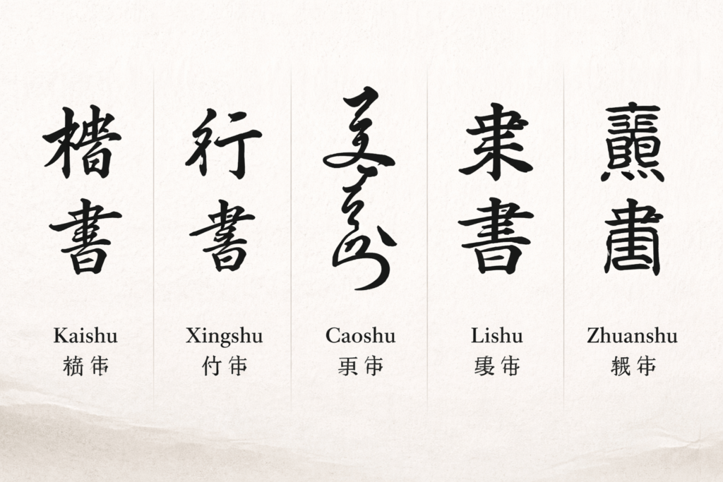 comparison chart of chinese calligraphy styles including kaishu xingshu caoshu lishu and zhuanshu
