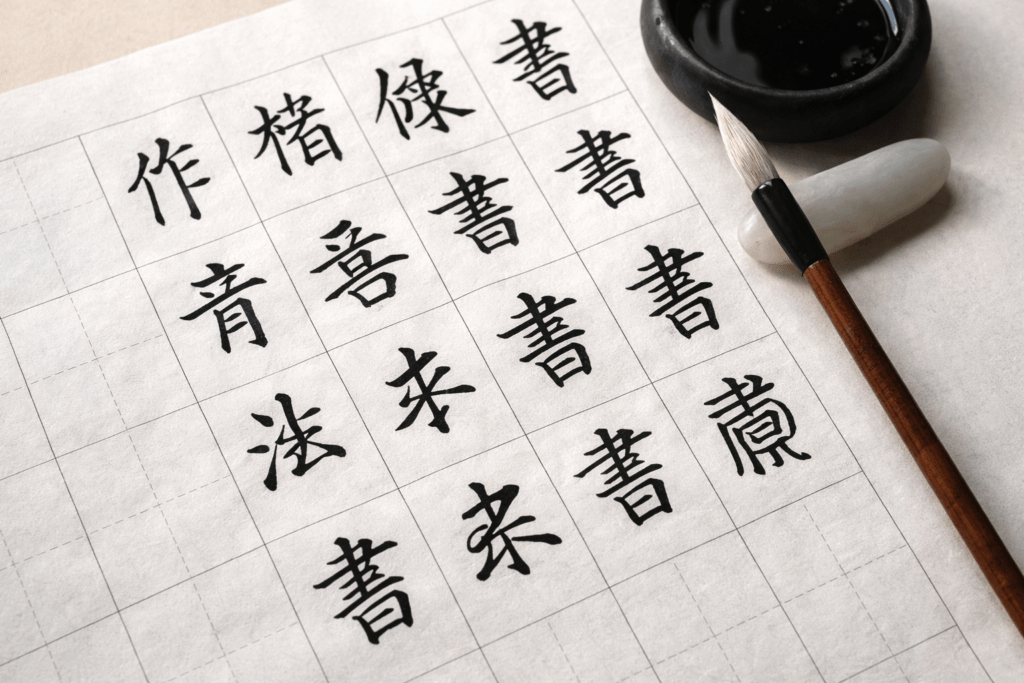 kaishu chinese calligraphy practice on grid paper with brush and ink showing structured writing style
