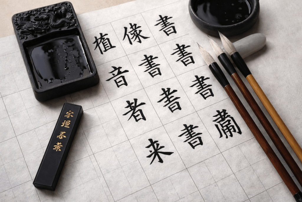 chinese calligraphy tools and practice setup with brushes ink stone and grid paper from top view
