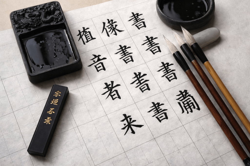 traditional chinese calligraphy tools with kaishu writing on rice paper in a clean minimal setting
