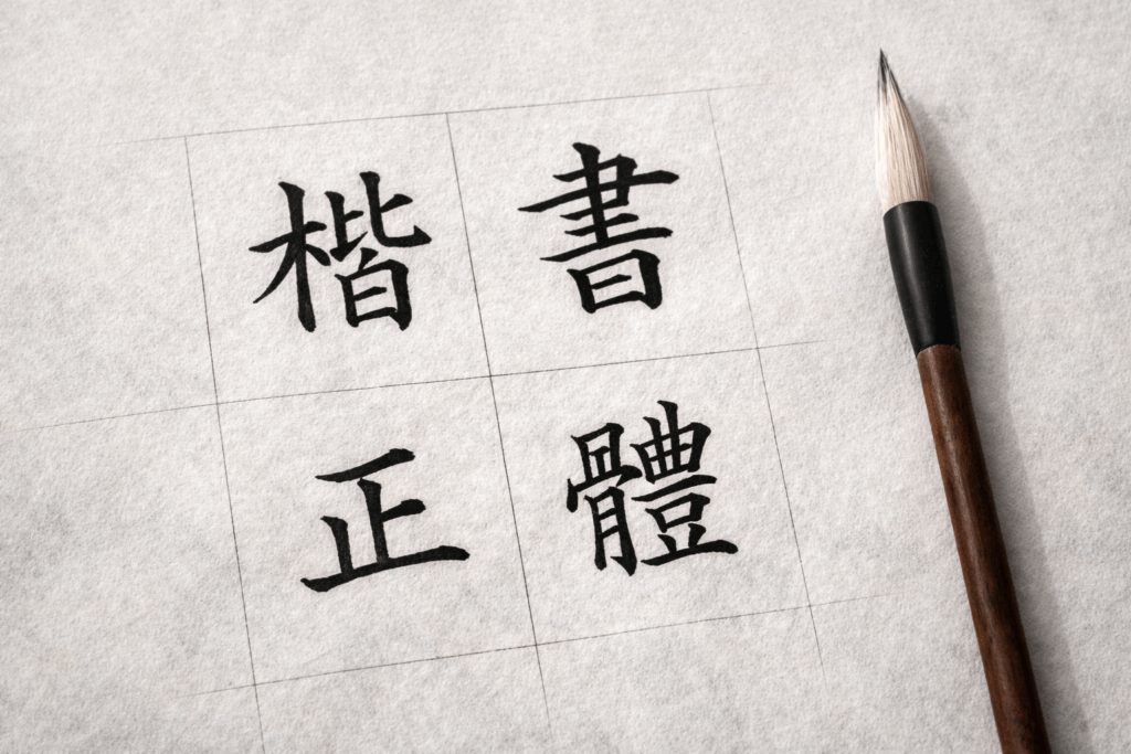 kaishu chinese calligraphy characters written on grid paper with brush showing structured regular script