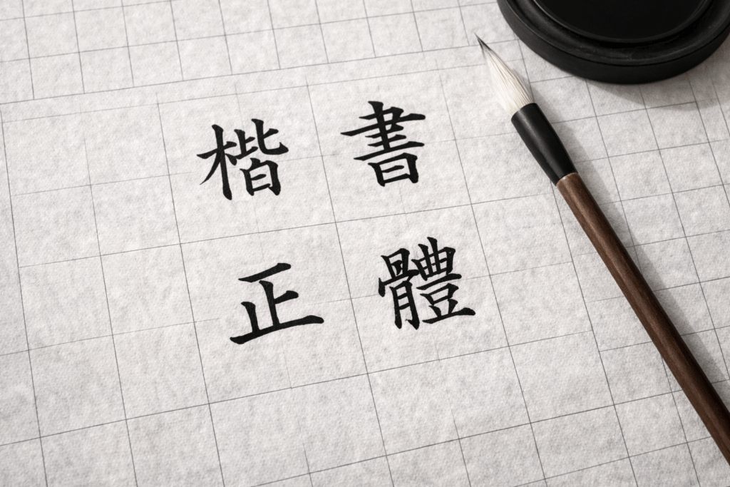 close up of kaishu calligraphy practice with brush ink and grid paper demonstrating clean stroke structure
