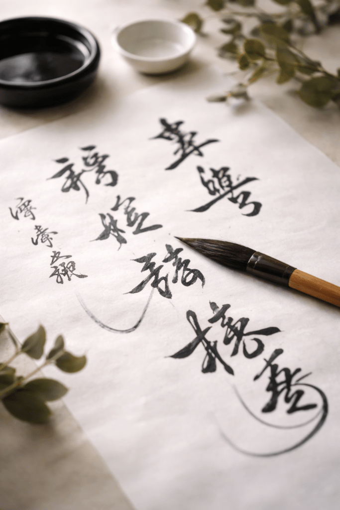 xingshu chinese calligraphy with flowing connected ink strokes on rice paper in a calm minimal setting
