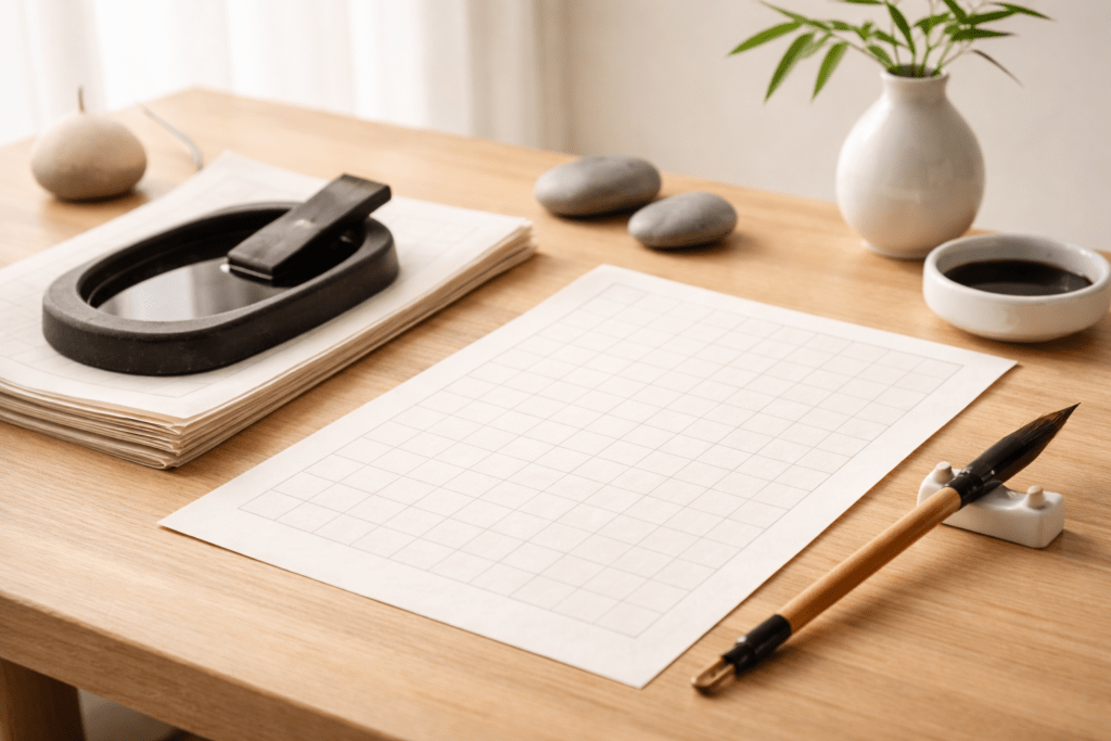 beginner chinese calligraphy setup with brush ink stone grid paper and minimal zen workspace