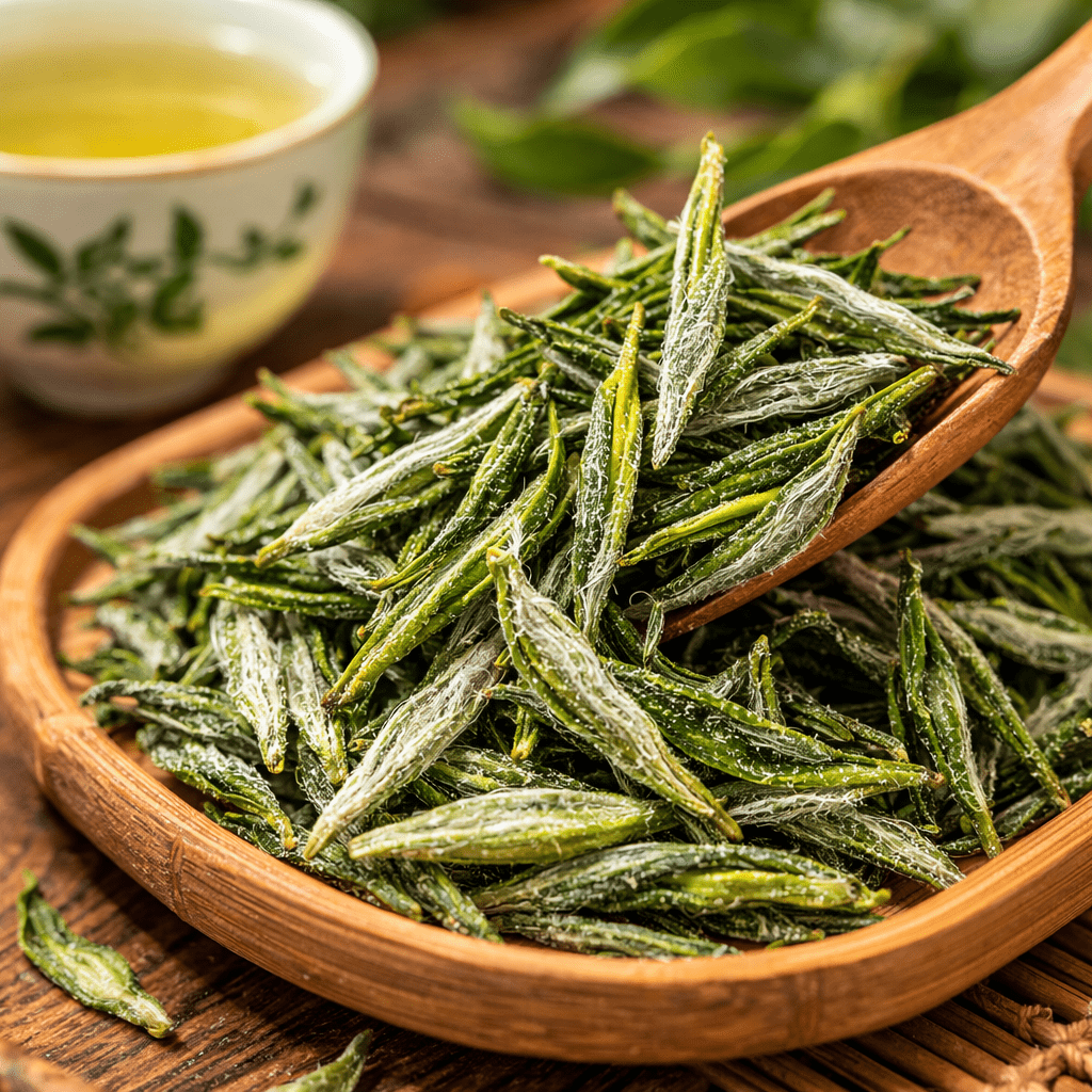premium huangshan maofeng tea leaves with white tea hairs macro