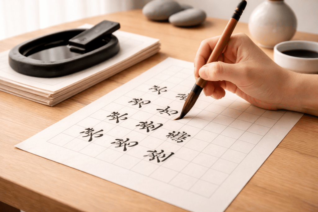 beginner practicing chinese calligraphy on grid paper with brush and ink showing basic stroke learning
