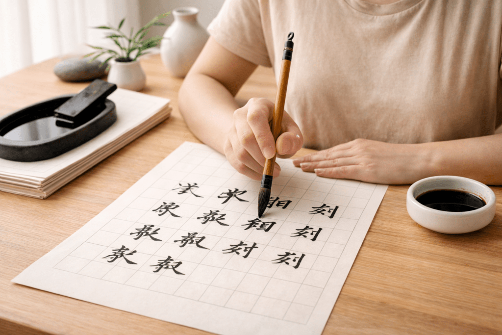 beginner practicing chinese calligraphy at desk with brush ink and grid paper in calm zen environment