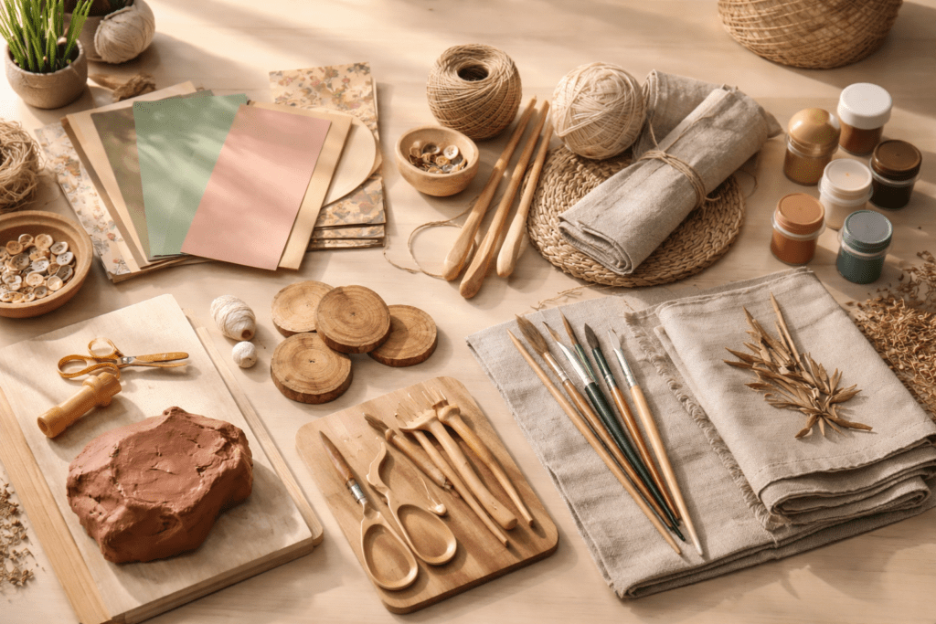 various craft materials including paper wood clay and fabric arranged neatly on a table in soft natural light creating a calm and minimal aesthetic workspace