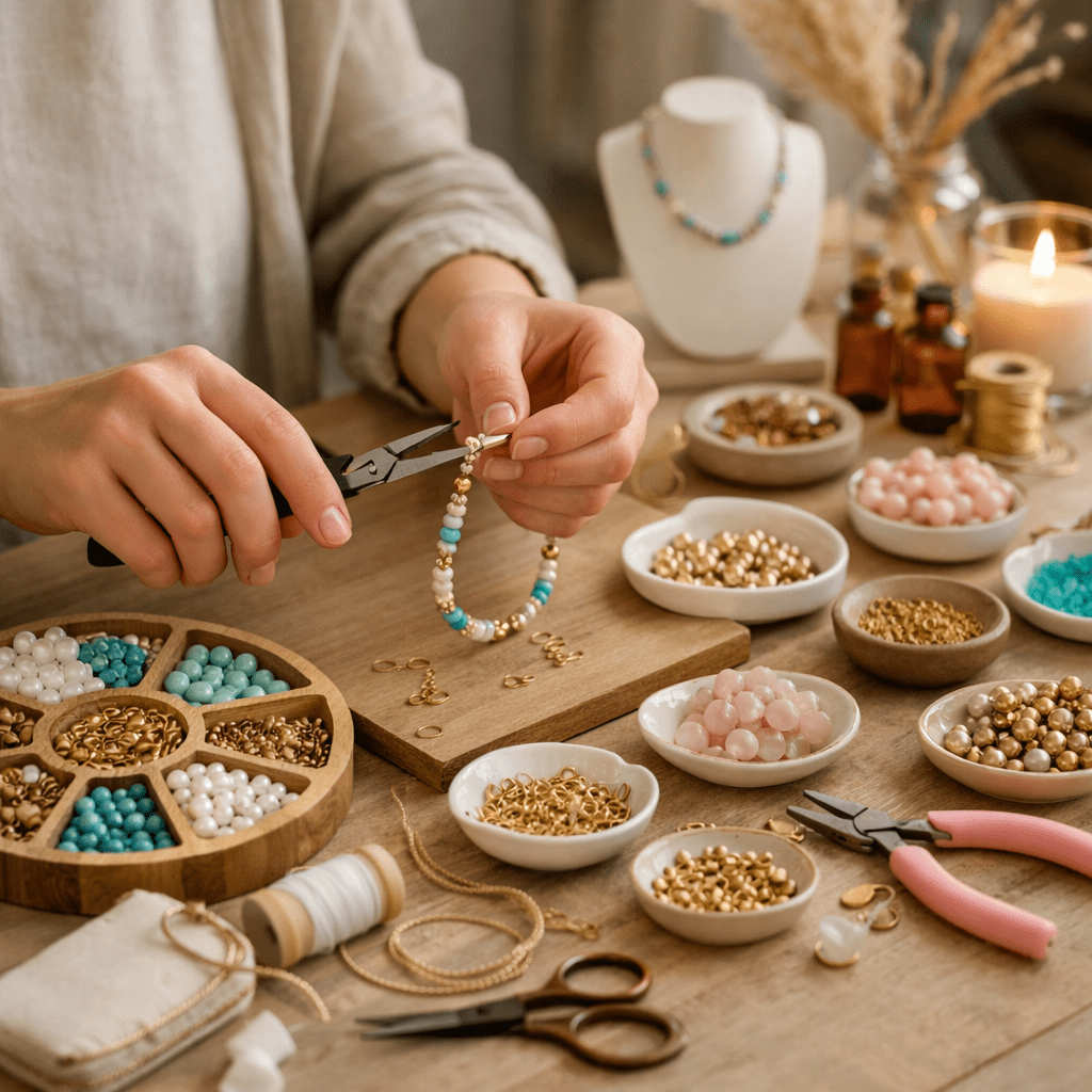 person making handmade jewelry with beads and tools on a wooden table in soft natural light creating a calm and focused crafting atmosphere