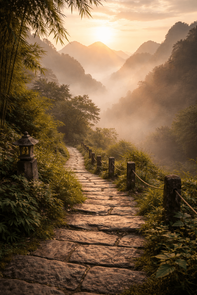 a misty mountain path at sunrise representing the meaning of Dao as the natural way and journey of life in Taoism
