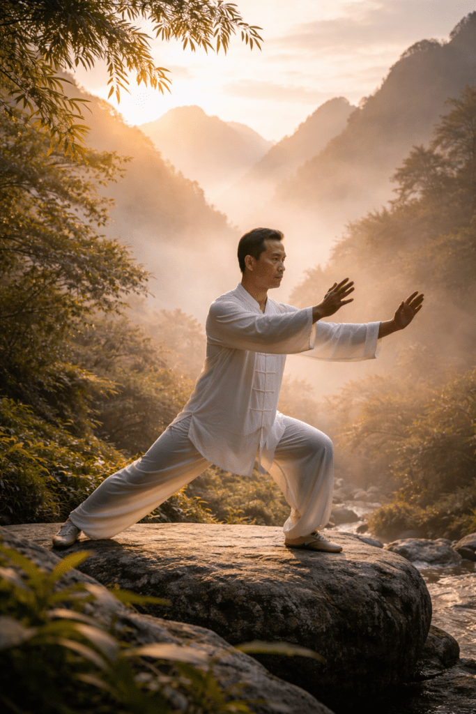 a person practicing tai chi in nature at sunrise representing wu wei and effortless action as the living expression of Dao