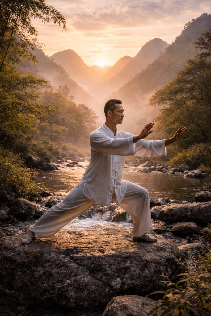 una persona practicando tai chi en la naturaleza al amanecer que representa wu wei y la acción sin esfuerzo en el taoísmo