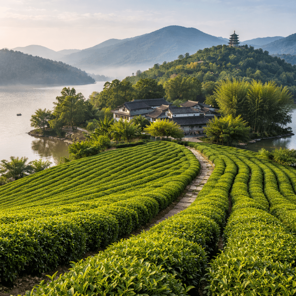 junshan island tea plantation in dongting lake hunan china