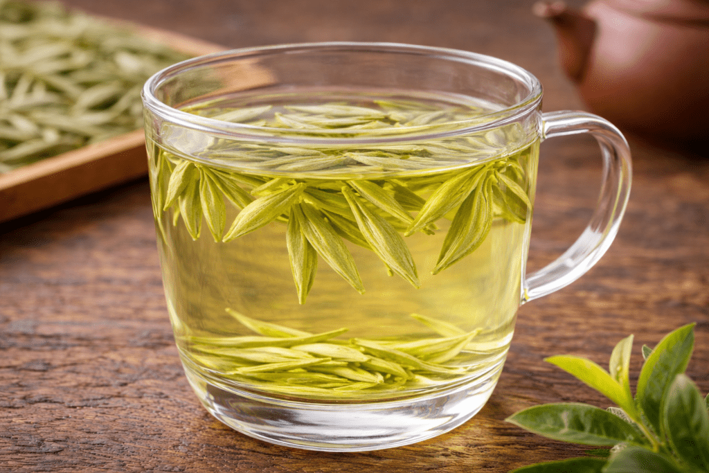 brewing anji white tea in a glass cup showing pale green tea liquor