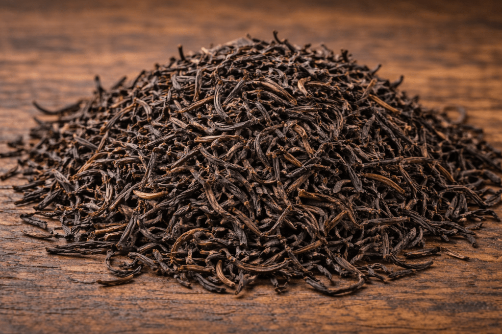 dry keemun black tea leaves close up thin twisted leaves