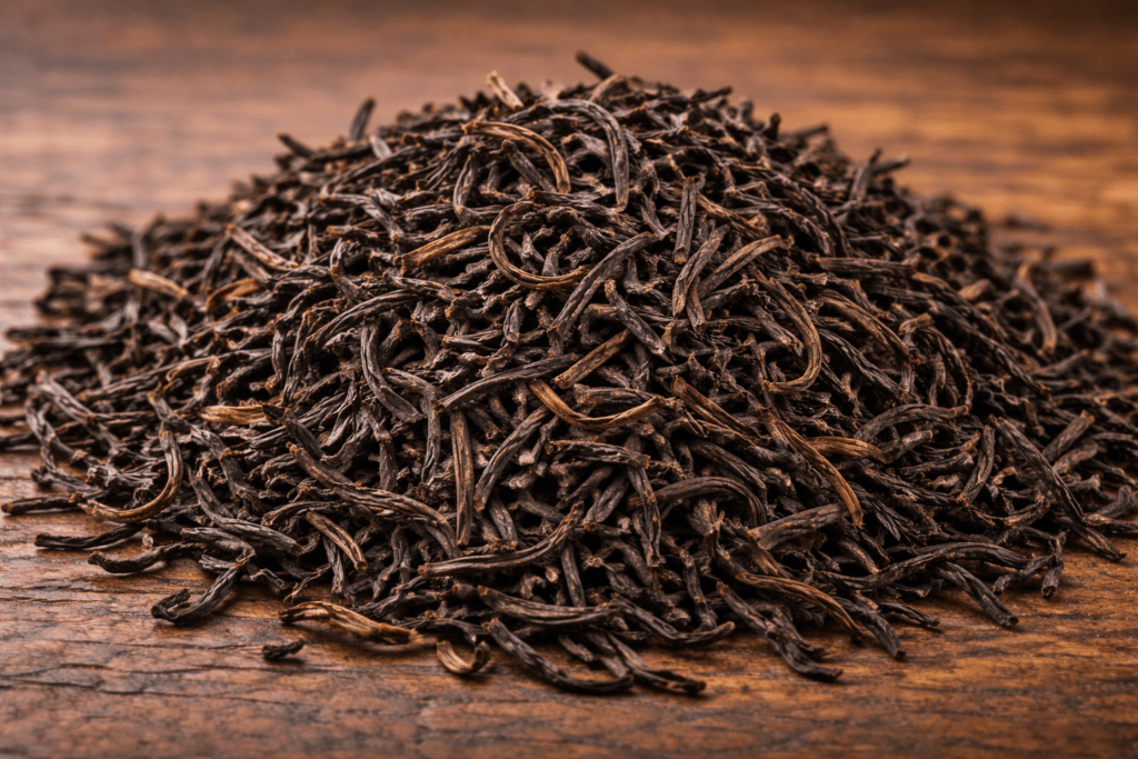 close up of premium keemun black tea leaves on wooden table