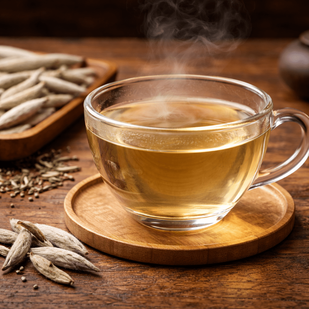 brewing silver needle white tea in glass cup with pale golden tea liquor