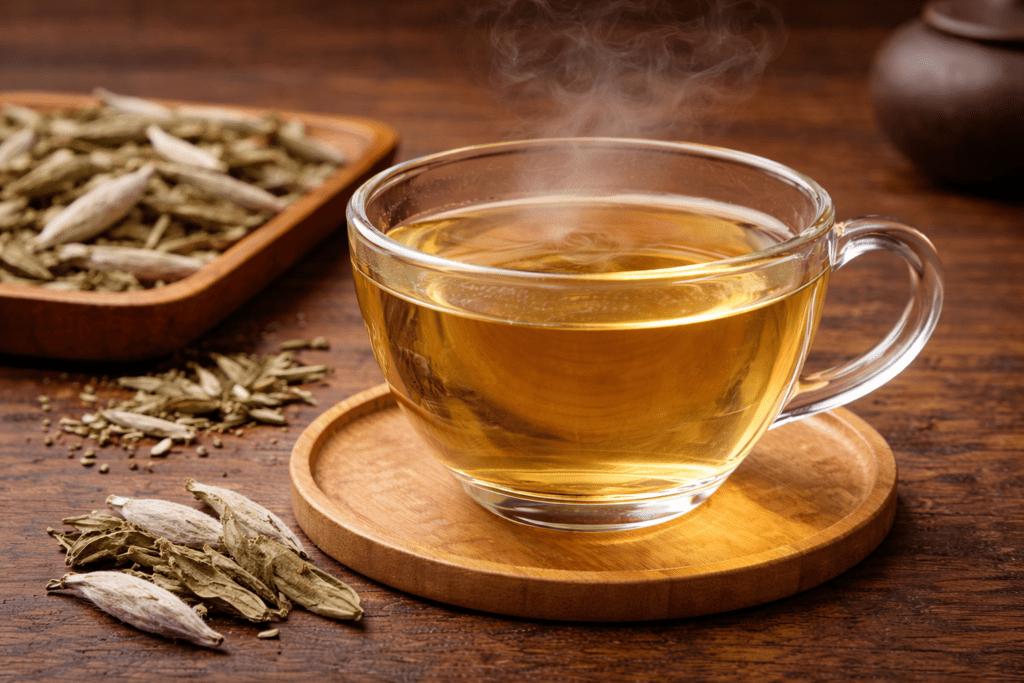 brewing bai mudan white tea in glass cup showing golden tea liquor