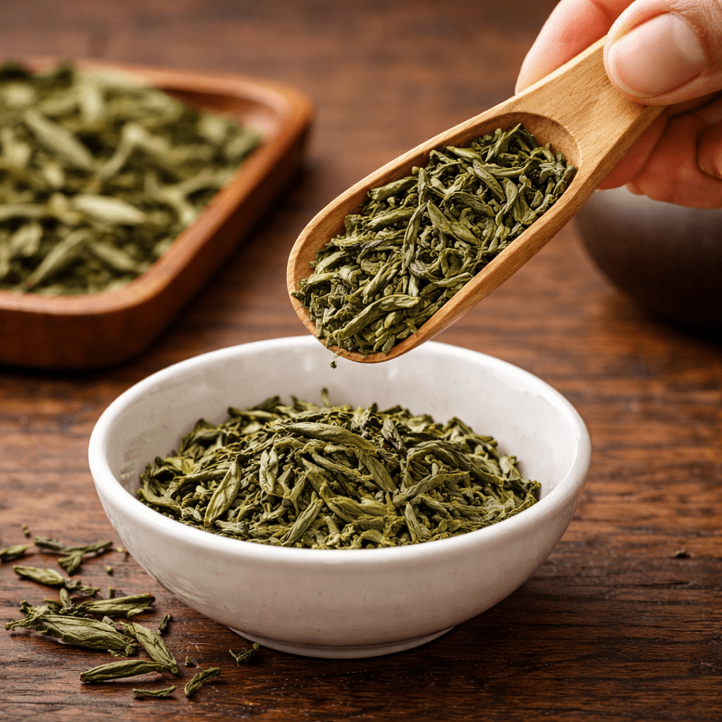 measuring loose green tea leaves before brewing green tea