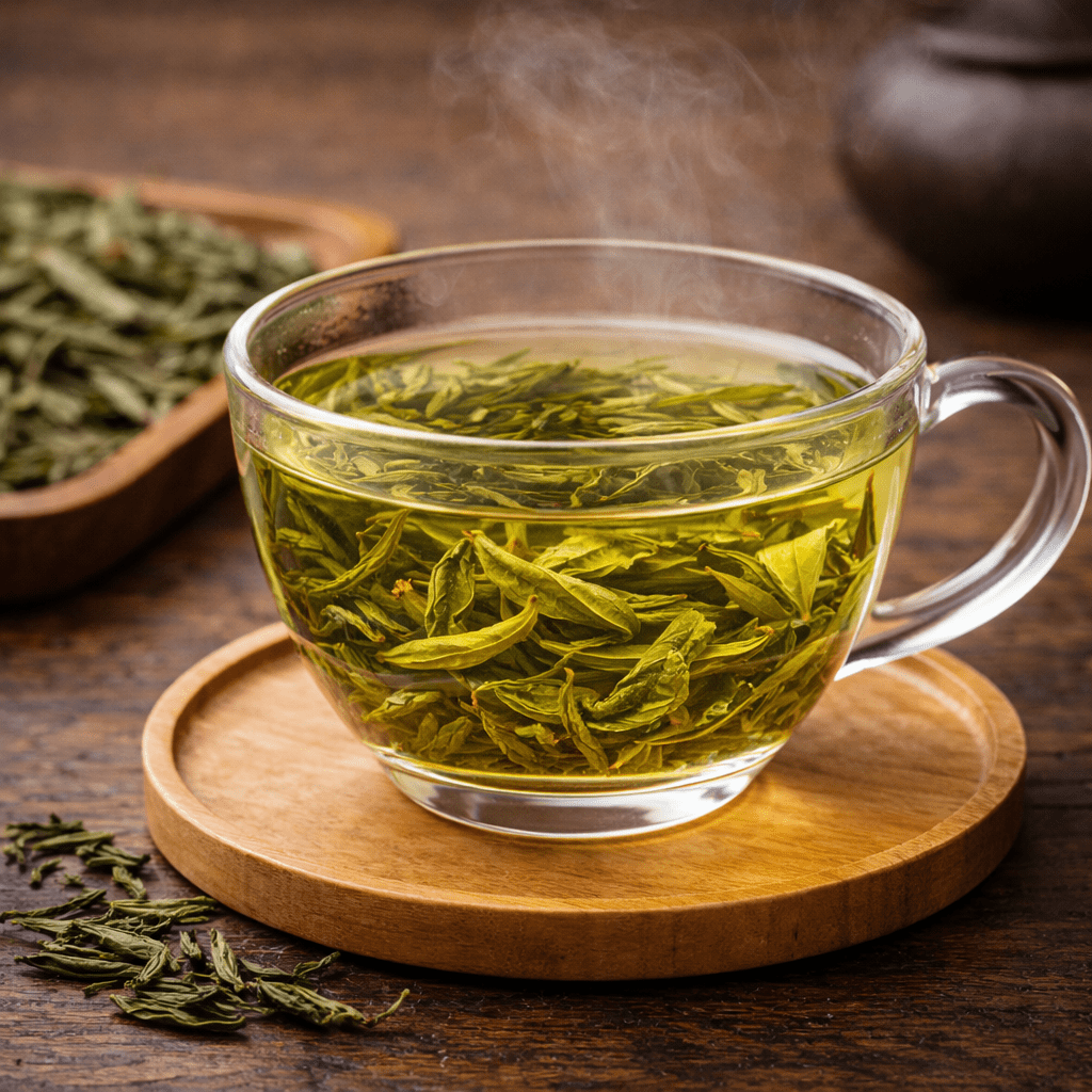 traditional chinese green tea brewing in glass cup