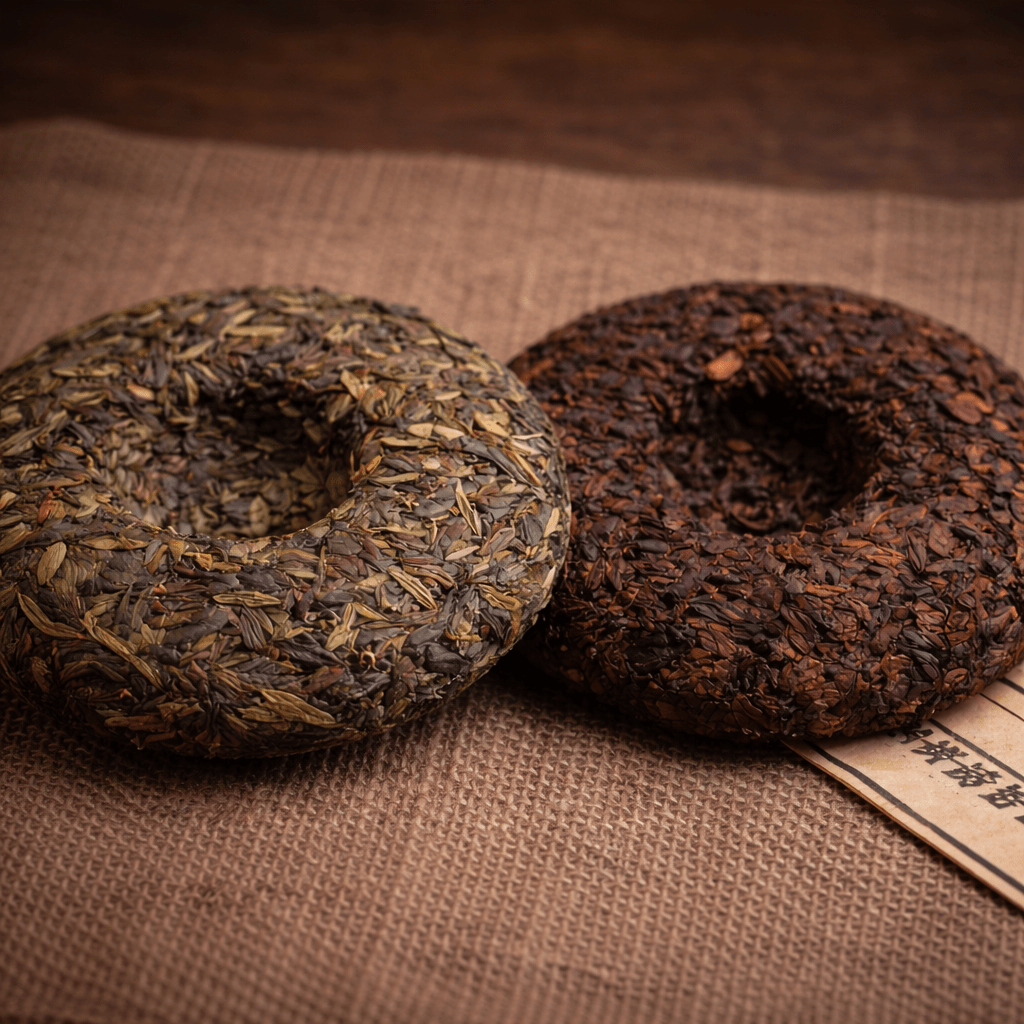 raw pu erh tea cake next to ripe pu erh tea cake showing visual differences