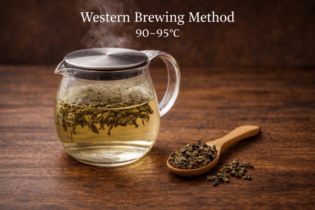 oolong tea leaves unfurling in hot water
