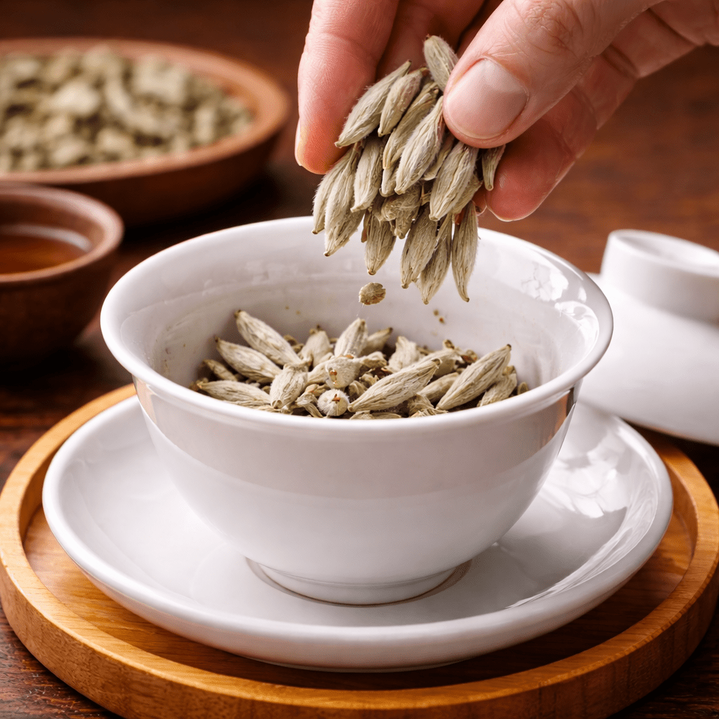 measuring white tea leaves before brewing
