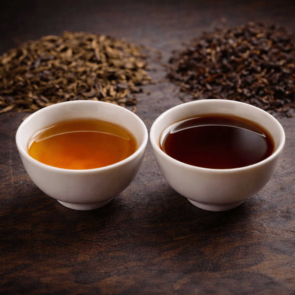 raw pu erh tea liquor compared with ripe pu erh tea liquor color
