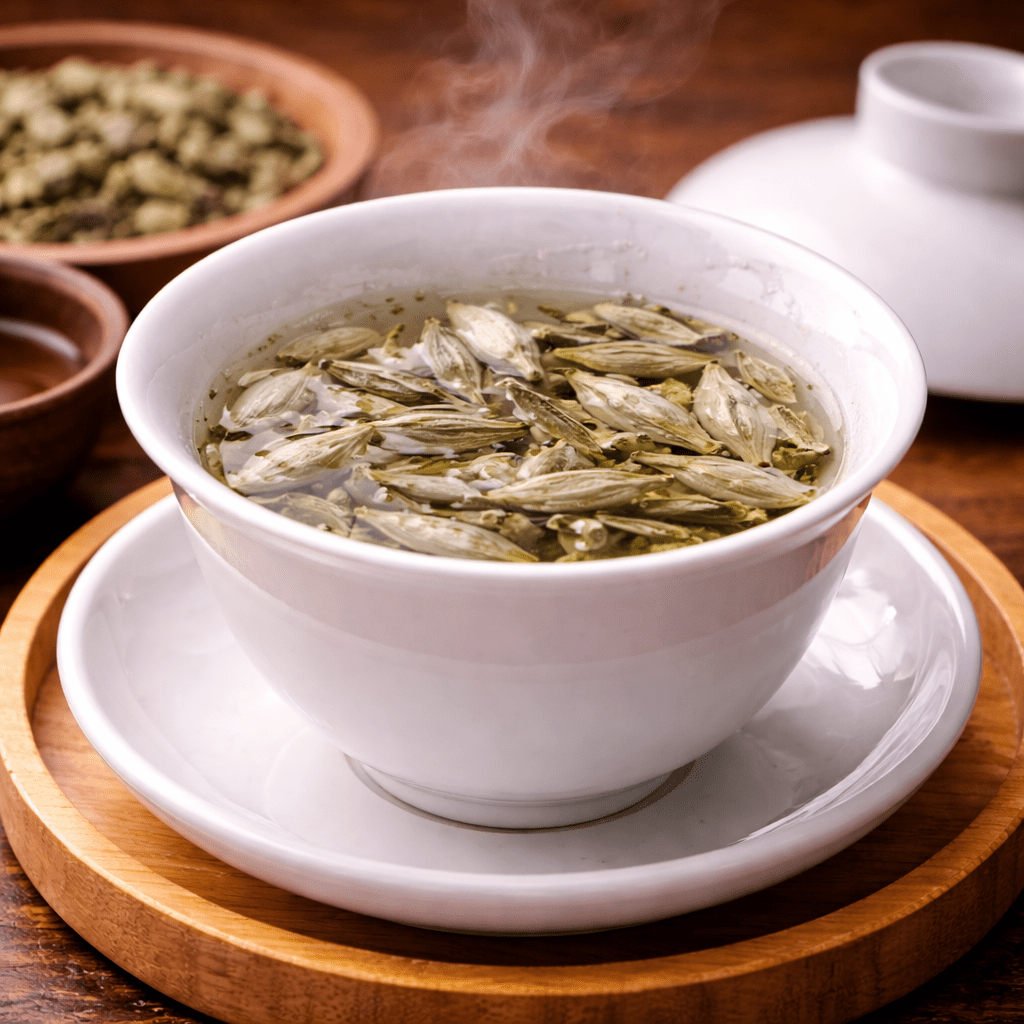 white tea leaves expanding in hot water
