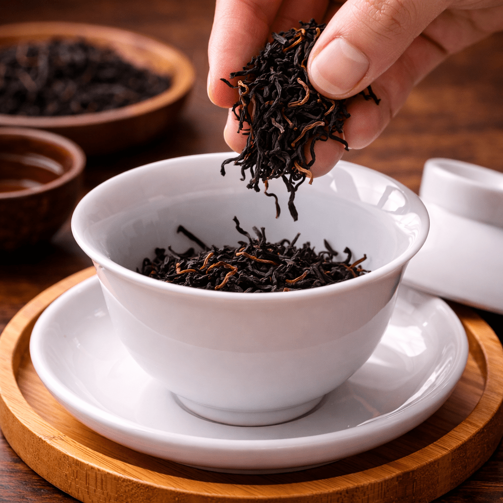 measuring black tea leaves before brewing